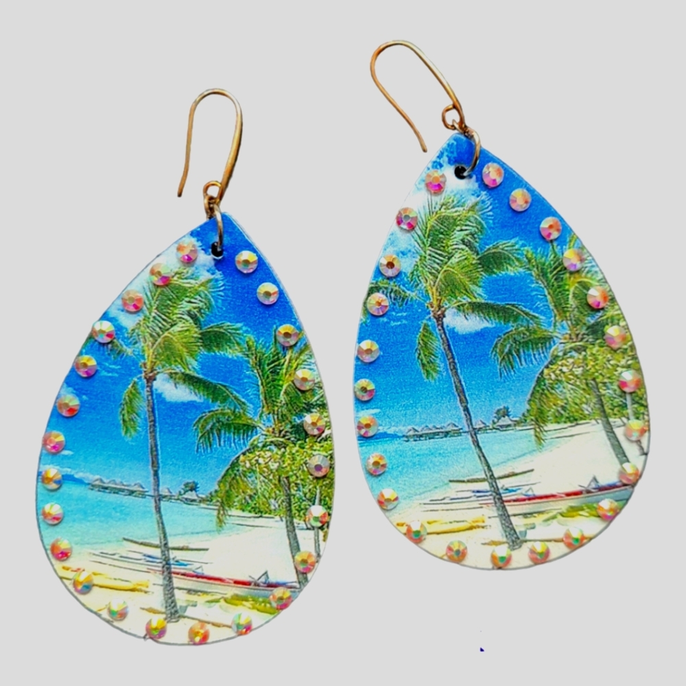 NWT Tropical double sided dangle summer earrings with palm trees  images